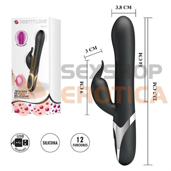 Vibrador con estimulador de clitoris, carga USB y cabeza INFLABLE